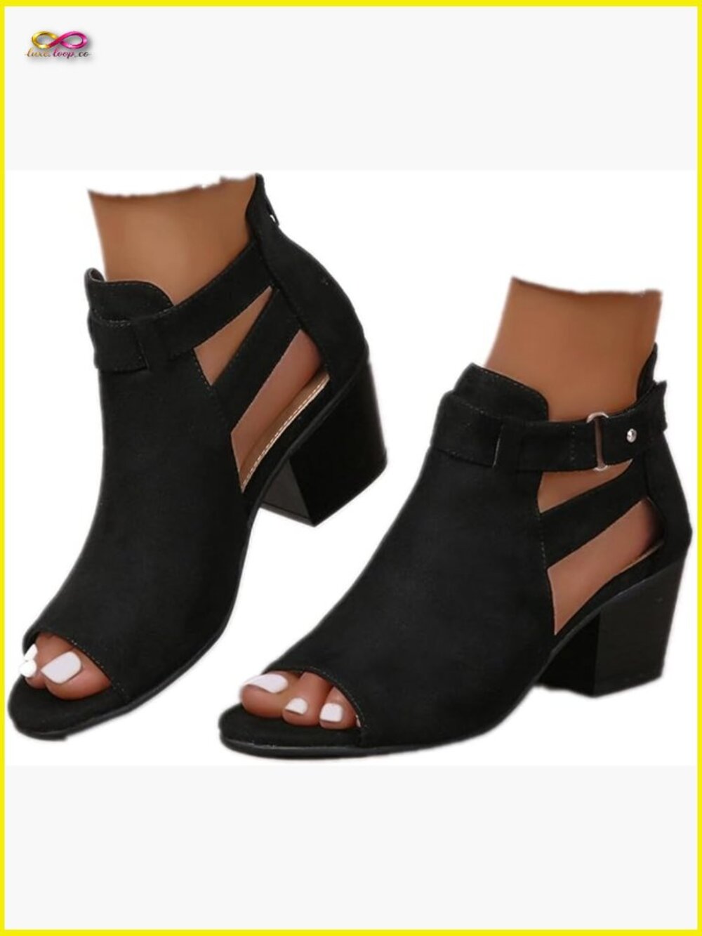 Peep Toe Ankle Booties Chunky Heels Cutout Back Zipper Sandals Suede Side Strap